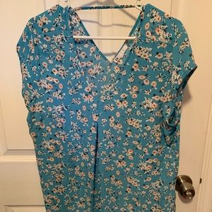 DR2 Floral Blouse-Blue/Peach Print, Cap Sleeves-L